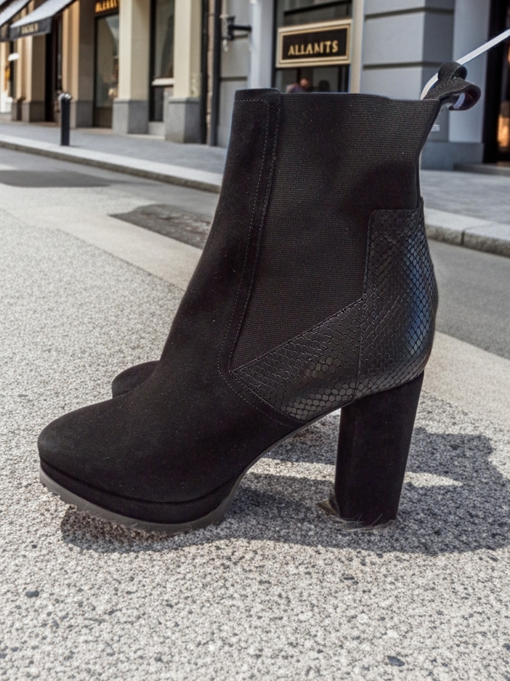 All Saints Black Suede Block Heel Ankle Boots